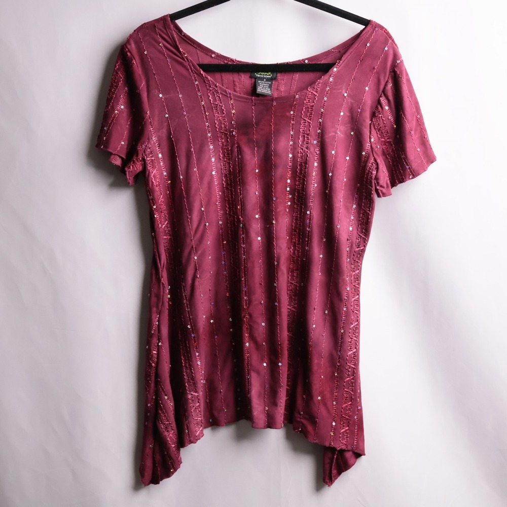 Burgundy Sequin Asymmetric Sharkbite Hem Womens Top S Fairycore Y2K Festival